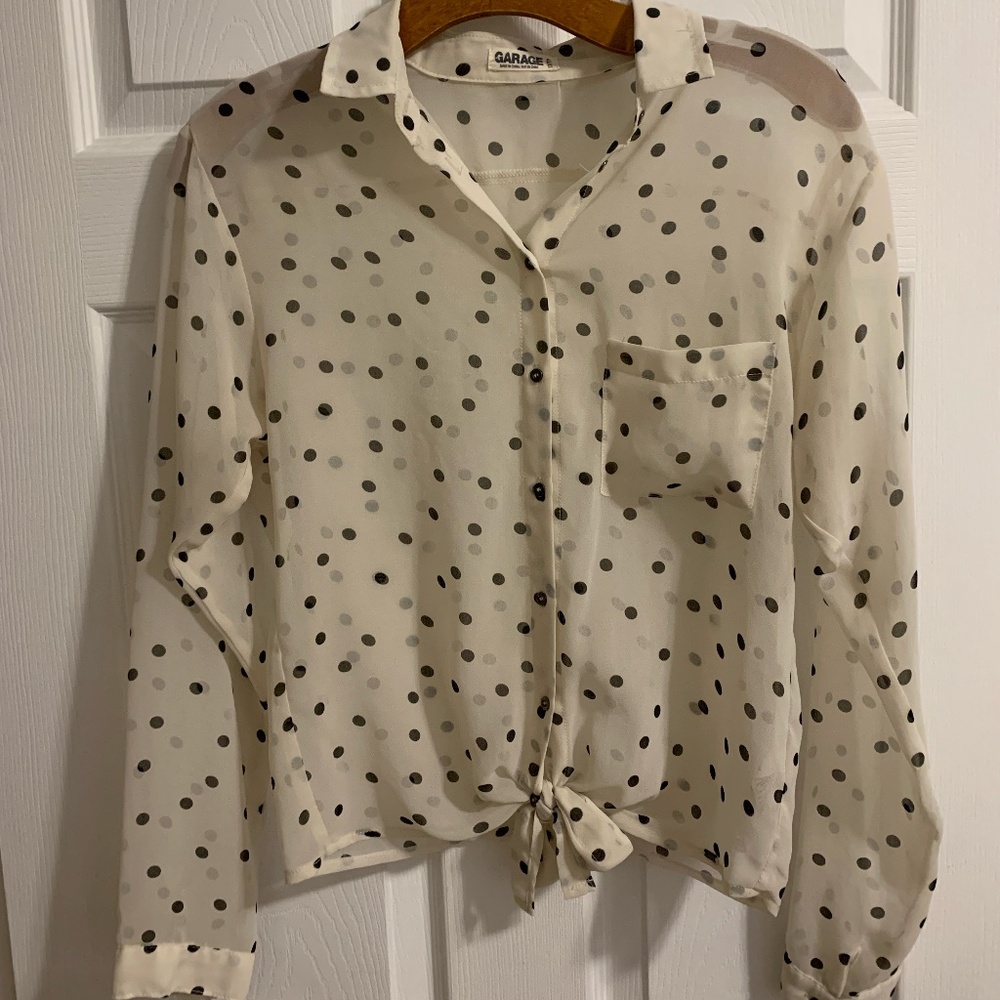 Garage White and Black Polka Dot Sheer Button Down Blouse